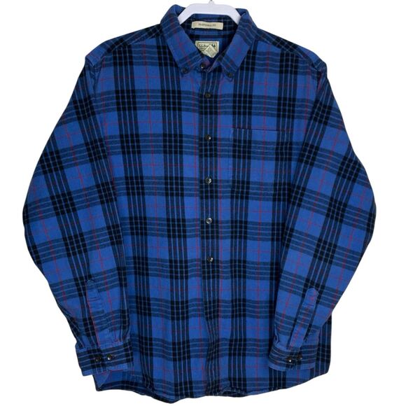 Vtg LL Bean Shirt Mens L Flannel Plaid Button Up Work Blue Cabin Outdoor Pockets - Picture 1 of 10